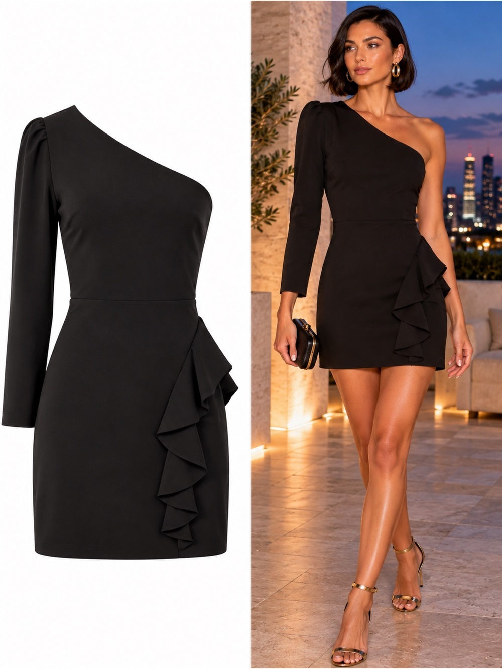 Lovers + Friends Jett Black One Shoulder Ruffle Mini Dress Size Medium Cocktail